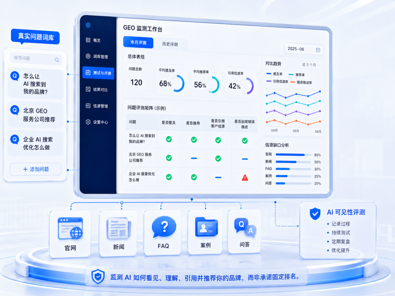 一路凯歌 GEO 复盘界面，展示 AI 提及率、推荐率、引用信源和描述准确率